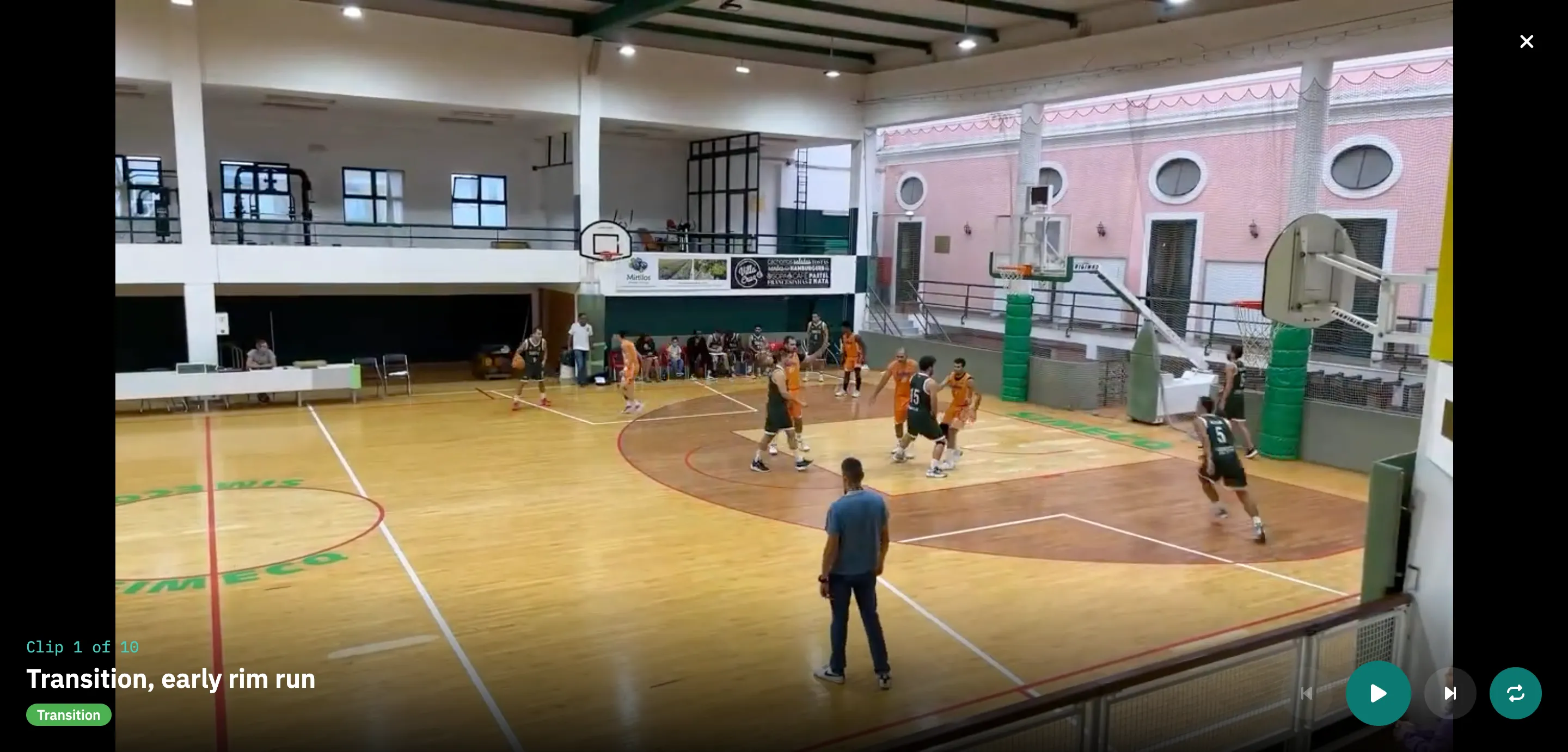 Present mode filling the window: a possession playing full screen, with Clip 1 of 10 above the title Transition, early rim run, a Transition category chip, and previous, play, next and repeat controls in the corner.
