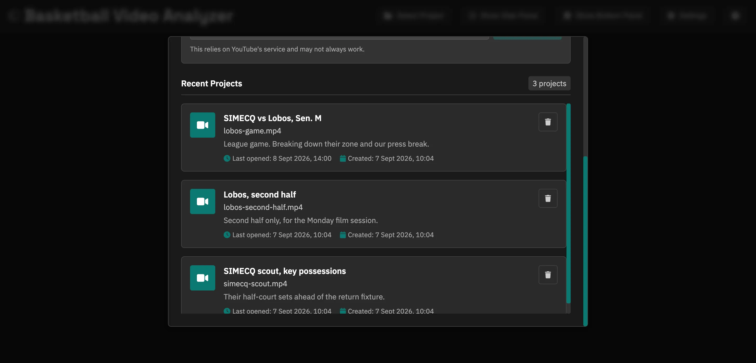 Project organization view showing multiple games organized by opponent
