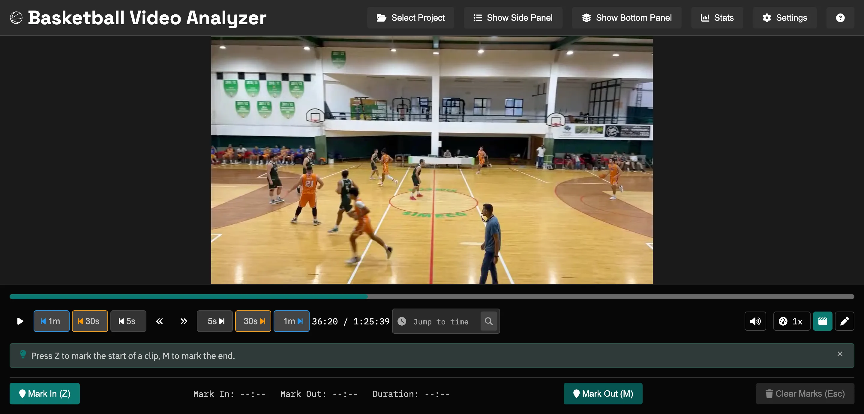 Basketball Video Analyzer, video cutting interface showing the video player, timeline, and clip creator