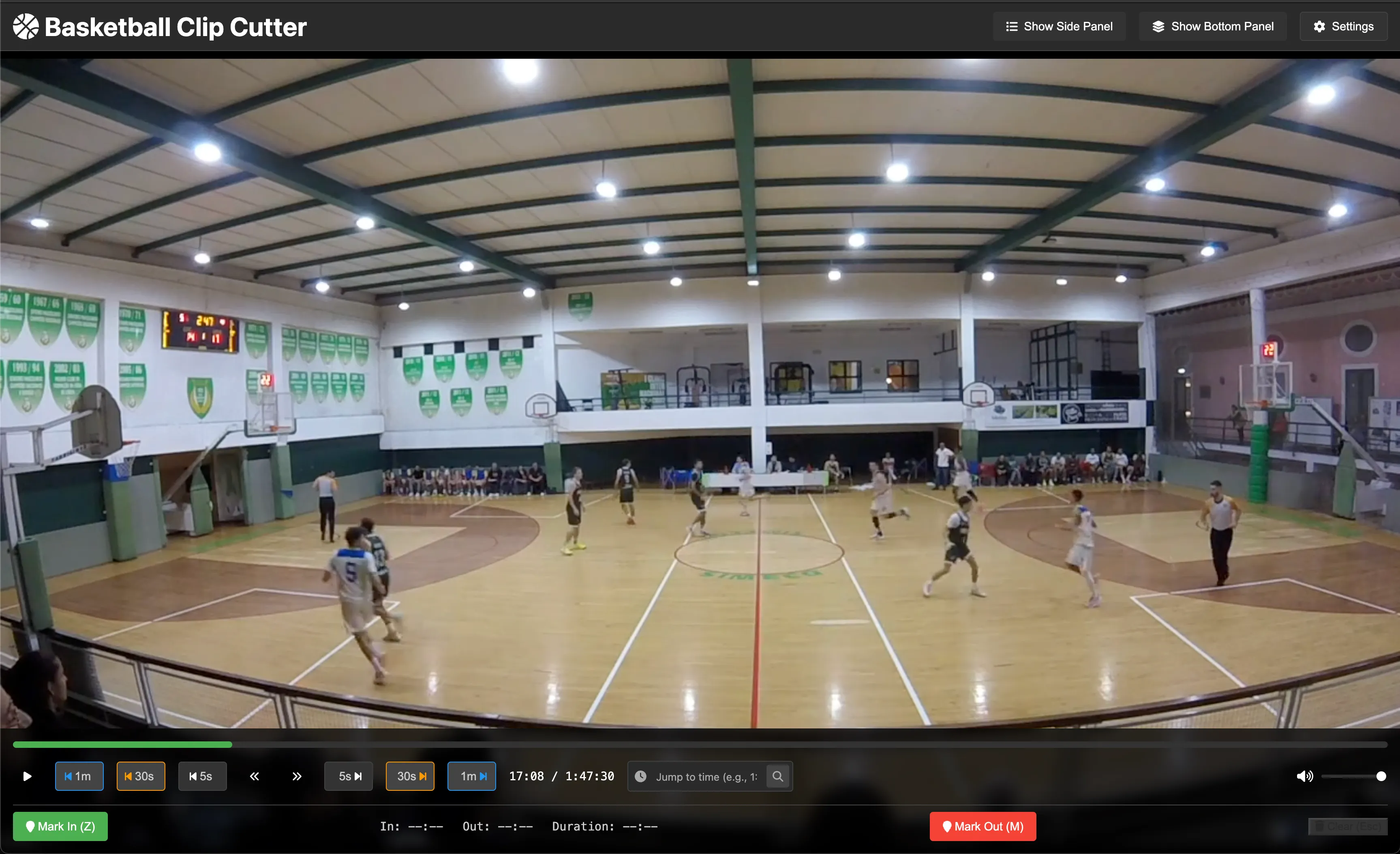 Basketball Video Analyzer — video cutting interface showing the video player, timeline, and clip creator